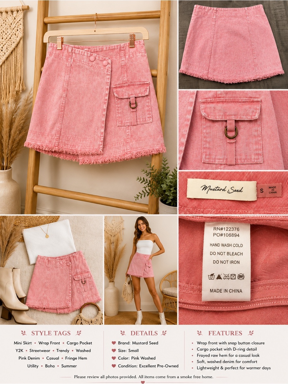 Mustard Seed Pink Washed Denim Wrap Mini Skirt with Cargo Pocket Size S